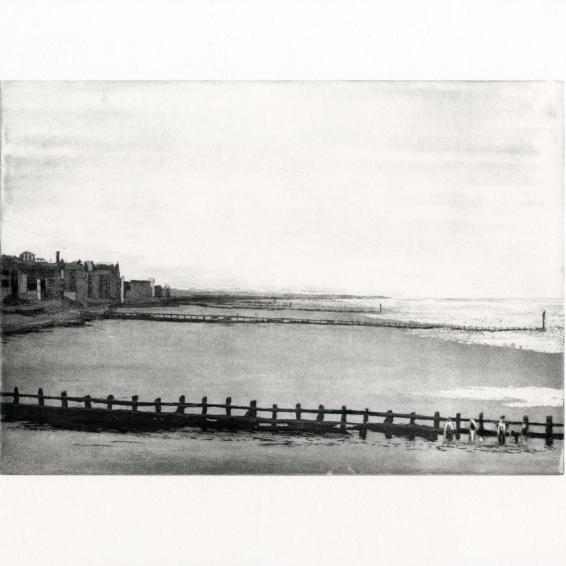 an etching of a beach with People swimming