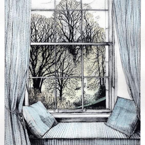 an etching of a window with a window seat