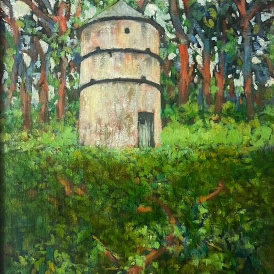 an oil painting of an old dovecote in the landscape