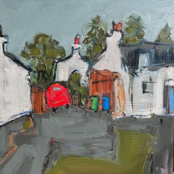 a painting of a post van amongst buildings