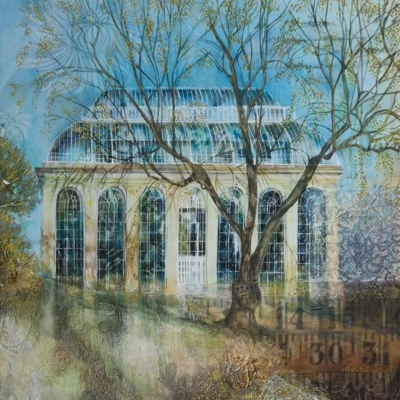 a painting of the Glass House In Botanic Garden.