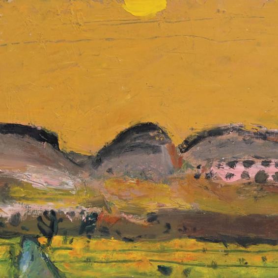 a semi abstract landscape painting with an orange sky.