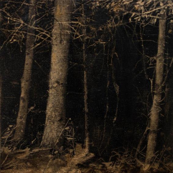 a small painting of dark trees