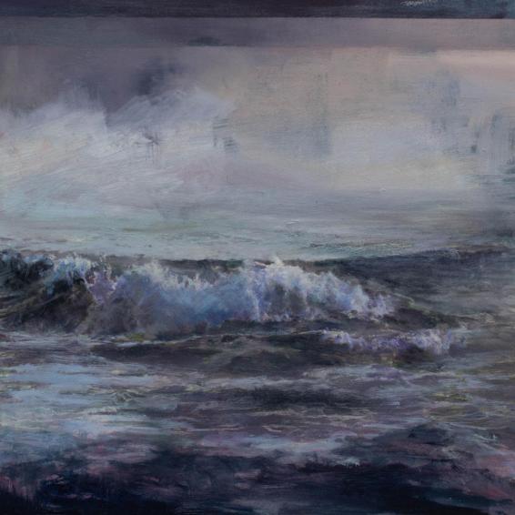 a painting of waves breaking over rocks
