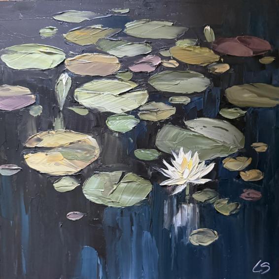 a painting of lily pads and carp