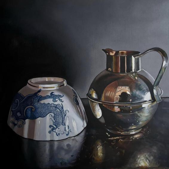 a still life painting of an upside down bowl and a silver jug
