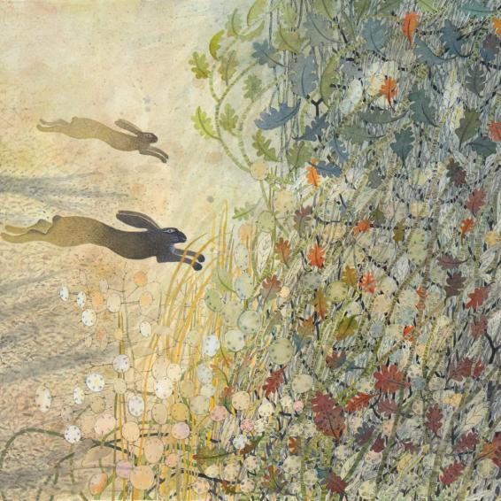 a watercolour of two hares and a hedge