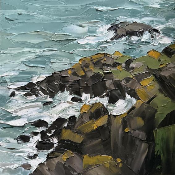 an oil painting of rocky cliff edge