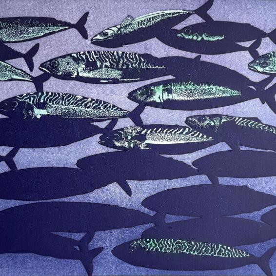 a lino cut of fish underwater