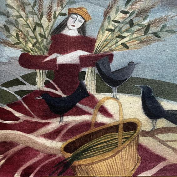 a Watercolour of a woman holding bunches of grasses