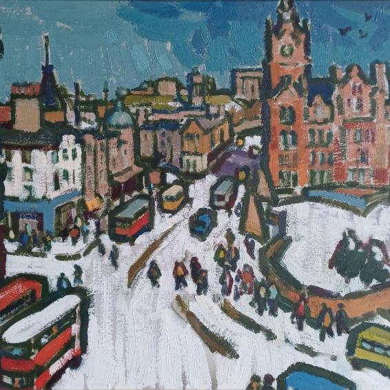 an oil painting of Edinburgh in the Snow