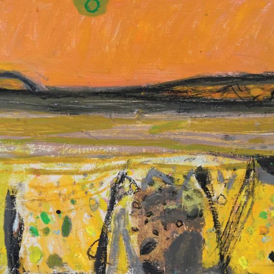 a semi abstract landscape painting in yellow and orange.