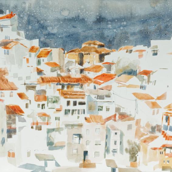 a what colour painting of a typical Spanish village