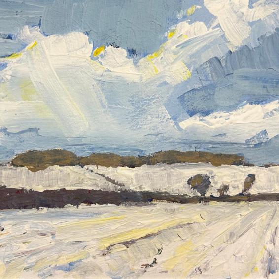 a small oil painting of snow covered fields