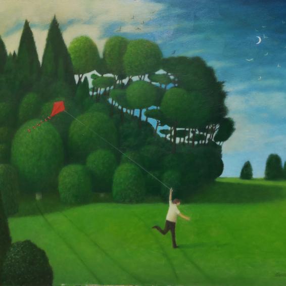a painting of a boy flying a Kate in a green landscape