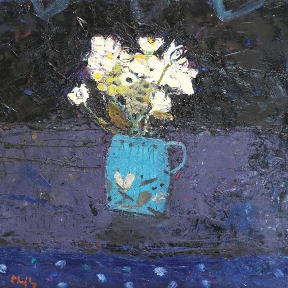 a painting of white flowers in a turquoise vase.
