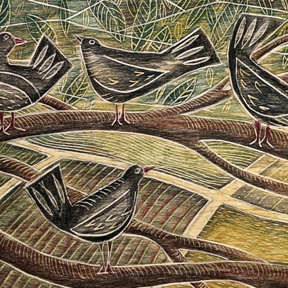 a drawing of birds collecting branches
