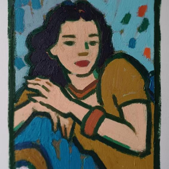 a painting of a young girl sitting