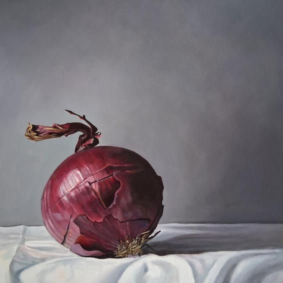 an oil painting of a single red onion