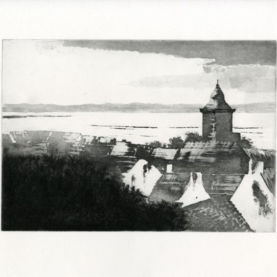an etching print looking across rooftops