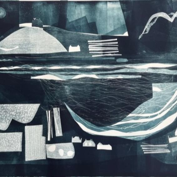 a semi abstract print of a landscape and seascape