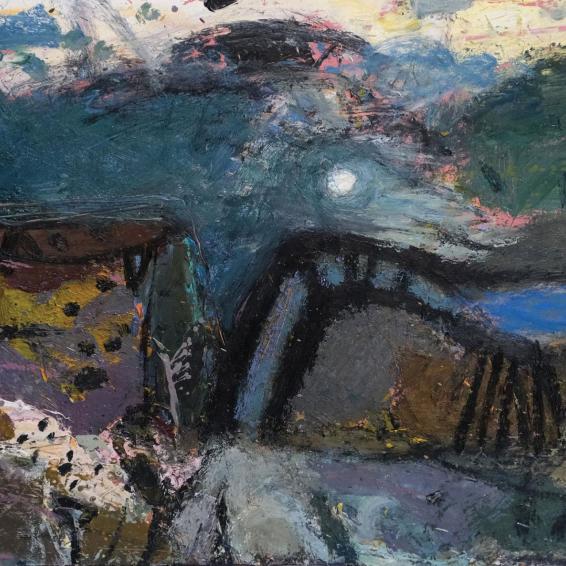a dark semi abstract landscape painting.