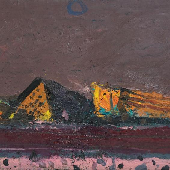 a semi abstract landscape painting with orange mountains