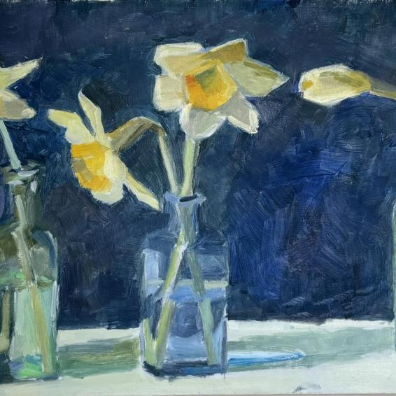 a painting of four daffodils 