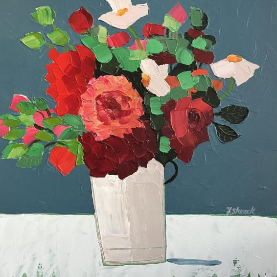a painting of a vase of different flowers
