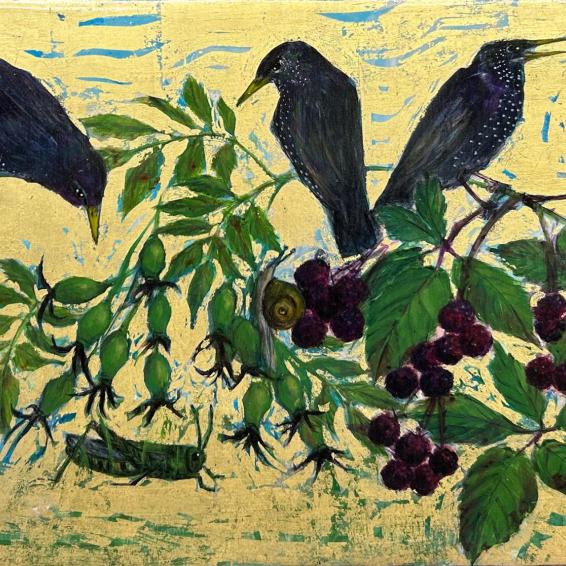 a painting of starlings on a branch against a gold background